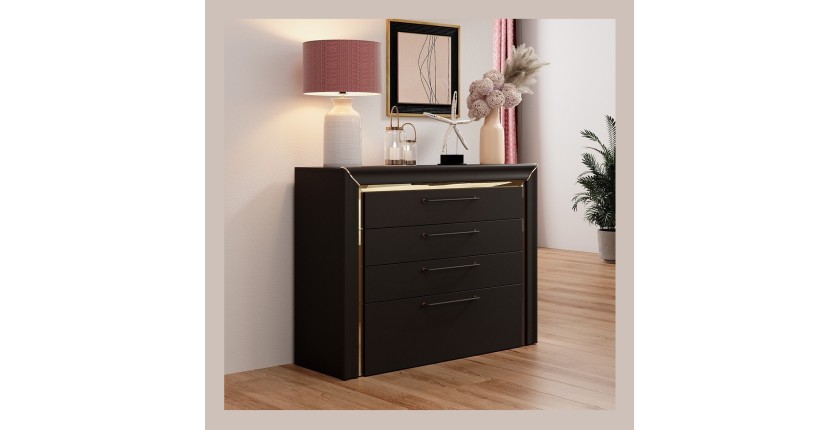 Commode design 4 tiroirs collection DOHA coloris noir mat et dorées