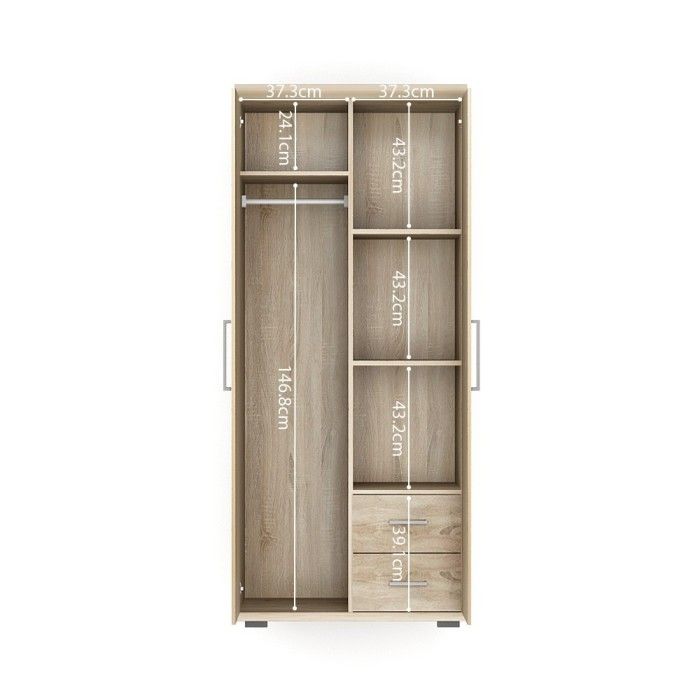Armoire, garde-robe, collection TOM, 2 portes 80 cm, penderie intégrée chêne sonoma