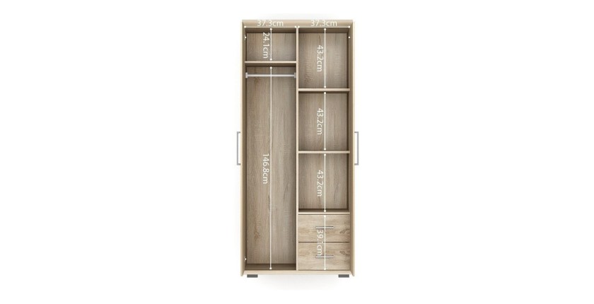 Armoire, garde-robe, collection TOM, 2 portes 80 cm, penderie intégrée chêne sonoma