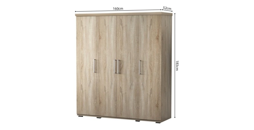 Armoire, garde-robe, collection TOM, 4 portes 160 cm, penderie intégrée chêne sonoma