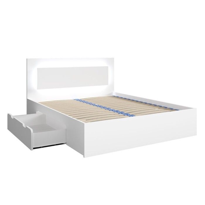 Lit NOFI blanc 140x200 cm avec tiroirs, idéal pour chambre à coucher. Meuble design