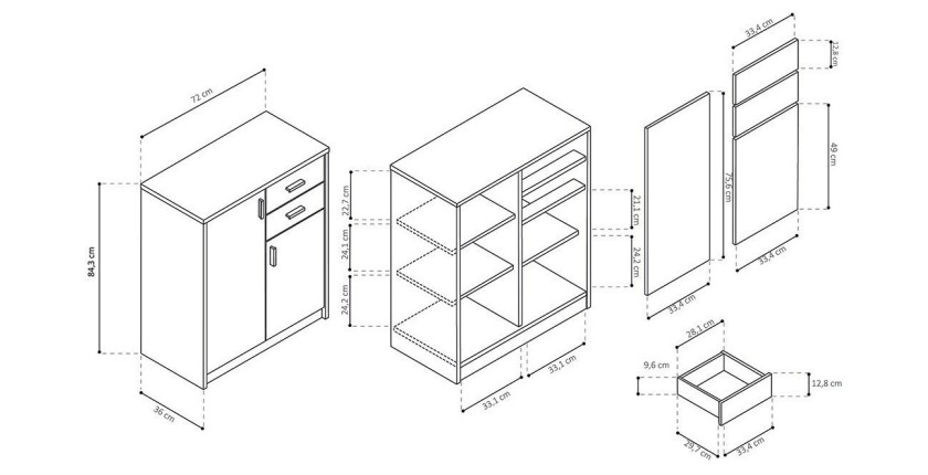 Commode  TOLLY 2 portes, 2 tiroirs, 85cm coloris chêne sonoma
