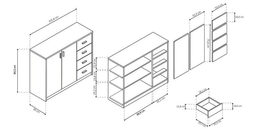 Commode  TOLLY 2 portes coloris, 4 tiroirs chêne sonoma