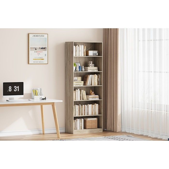 Bibliothèque large design 5 étagères, coloris chêne clair collection TOLLY