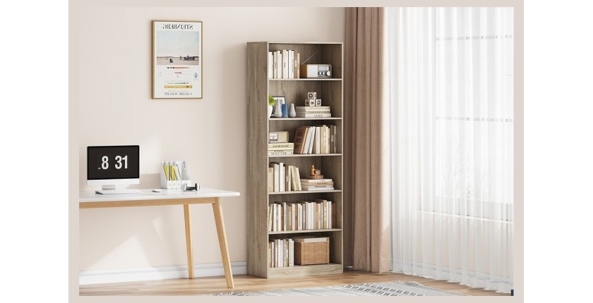 Bibliothèque large design 5 étagères, coloris chêne clair collection TOLLY