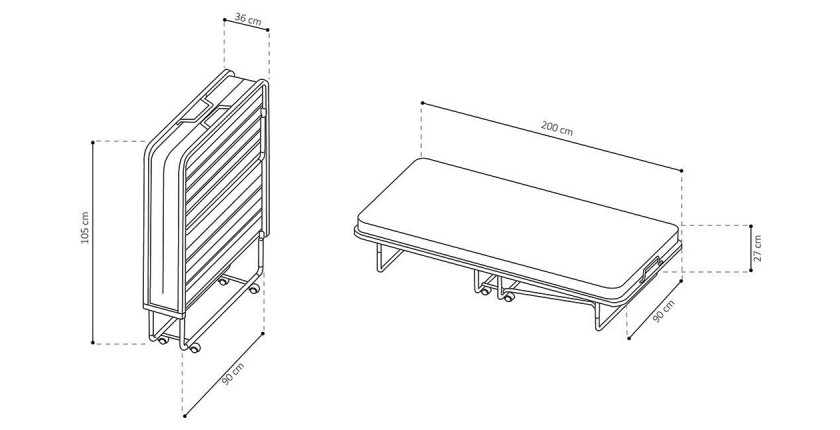 Lit pliant à roulettes en métal 90x200cm NAZARE, sommier et matelas inclus