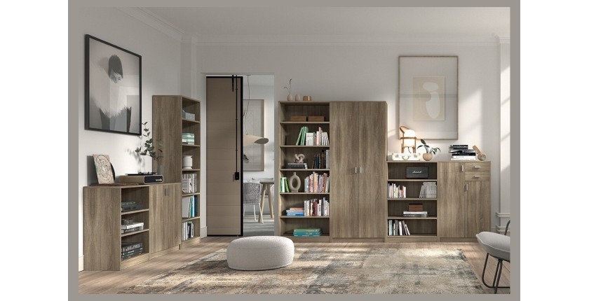 Bibliothèque large design 3 étagères, coloris chêne clair collection TOLLY