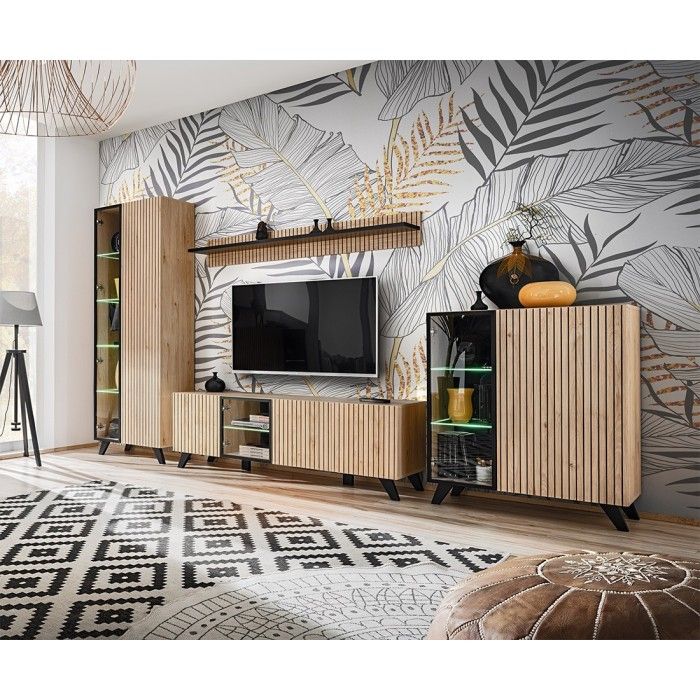 Étagère murale coloris chêne et noir. Collection NIELSEN. 160cm