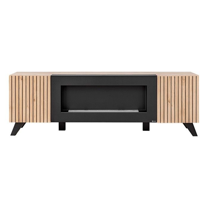 Ensemble de 4 meubles de salon avec cheminée décorative collection NIELSEN. Coloris chêne et noir.