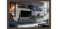 Meuble TV suspendu 120cm coloris gris collection SWITCH. Finitions brillantes.