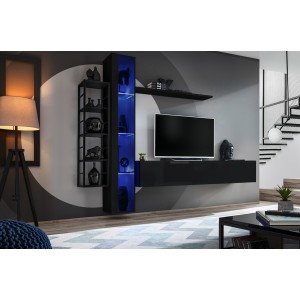 Vitrine suspendue noire avec 1 porte vitrée et éclairage LED inclus. Collection SWITCH.
