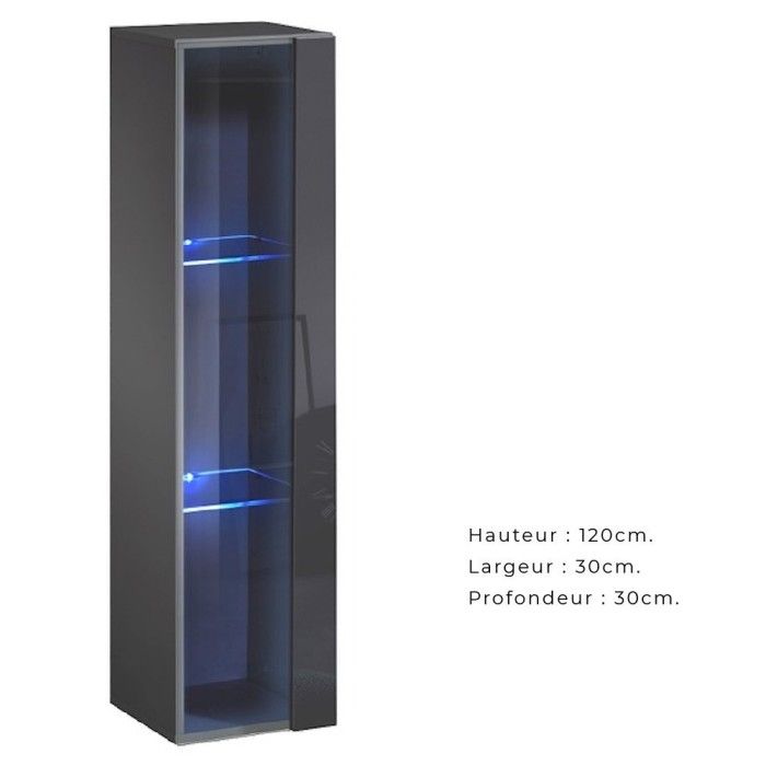 Vitrine suspendue grise petit modèle avec 1 porte vitrée et éclairage LED inclus. Collection SWITCH.