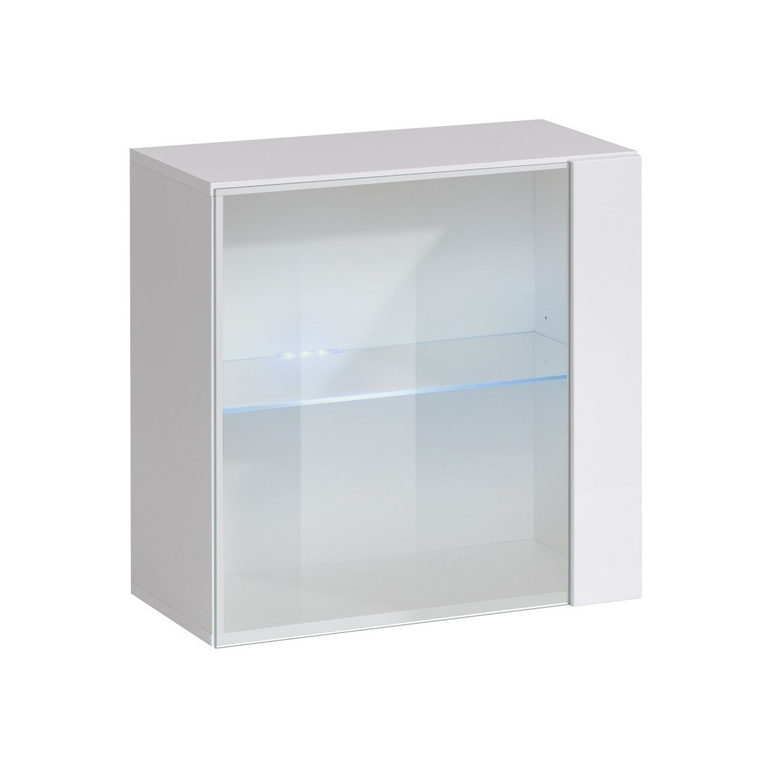 Vitrine blanche carrée suspendue avec 1 porte vitrée et éclairage LED inclus. Collection SWITCH.