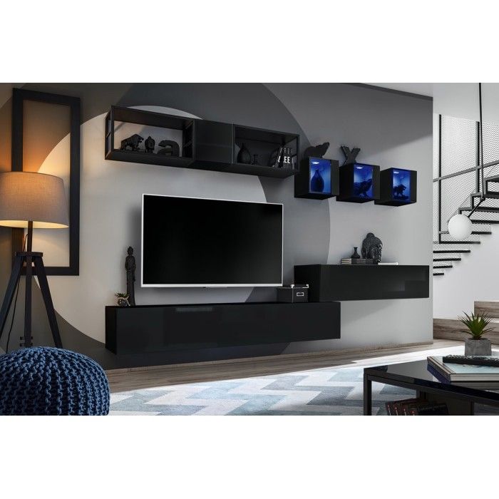 Vitrine noire carrée suspendue avec 1 porte vitrée et éclairage LED inclus. Collection SWITCH.