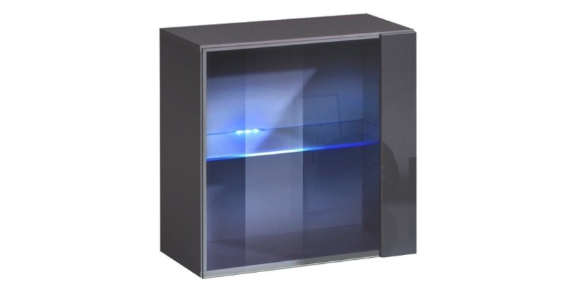 Vitrine grise carrée suspendue avec 1 porte vitrée et éclairage LED inclus. Collection SWITCH.