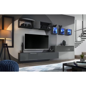 Vitrine grise carrée suspendue avec 1 porte vitrée et éclairage LED inclus. Collection SWITCH.