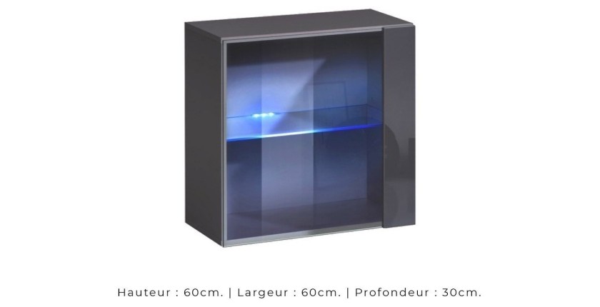 Vitrine grise carrée suspendue avec 1 porte vitrée et éclairage LED inclus. Collection SWITCH.
