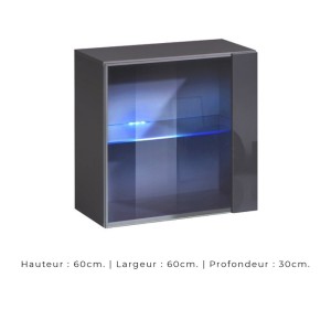 Vitrine grise carrée suspendue avec 1 porte vitrée et éclairage LED inclus. Collection SWITCH.