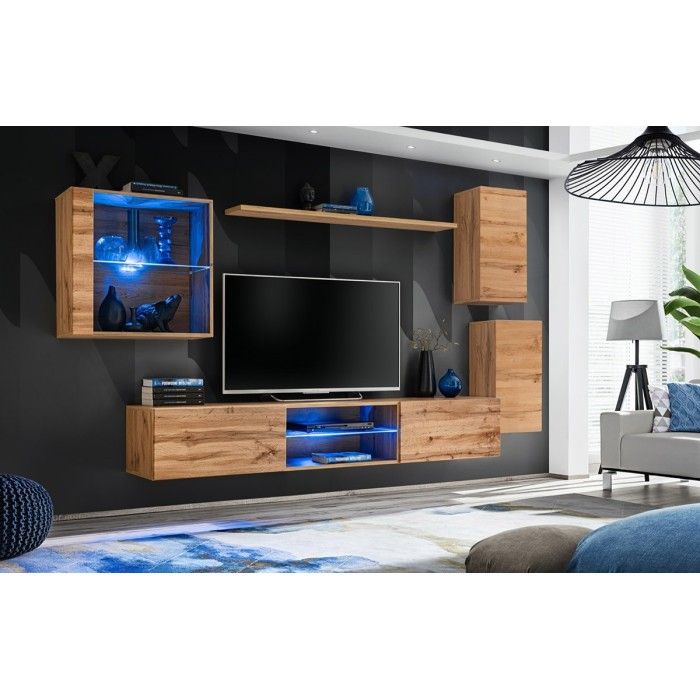 Vitrine carrée suspendue coloris chêne clair avec 1 porte vitrée et éclairage LED inclus. Collection SWITCH.