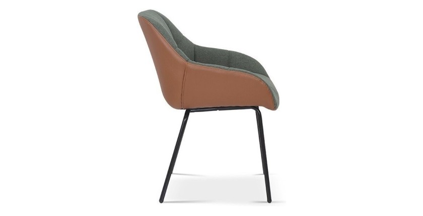 Chaise SAM Tissu Vert Dos PU Cognac, dimension H85 x L57.5 x P65, idéal pour votre cuisine ou salle à manger