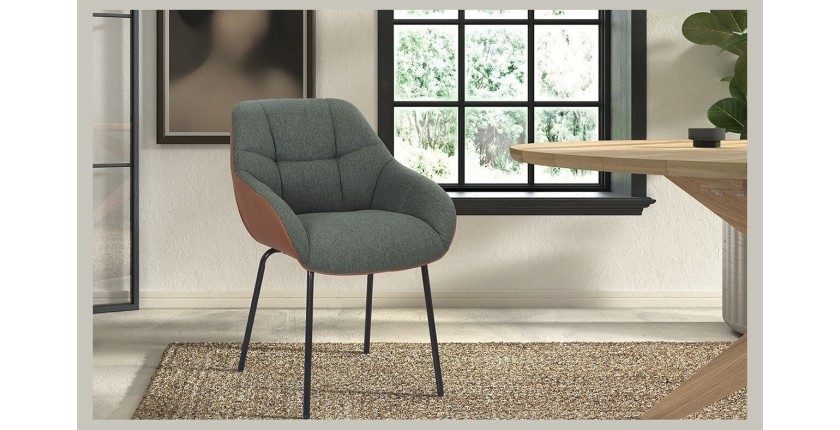 Chaise SAM Tissu Vert Dos PU Cognac, dimension H85 x L57.5 x P65, idéal pour votre cuisine ou salle à manger