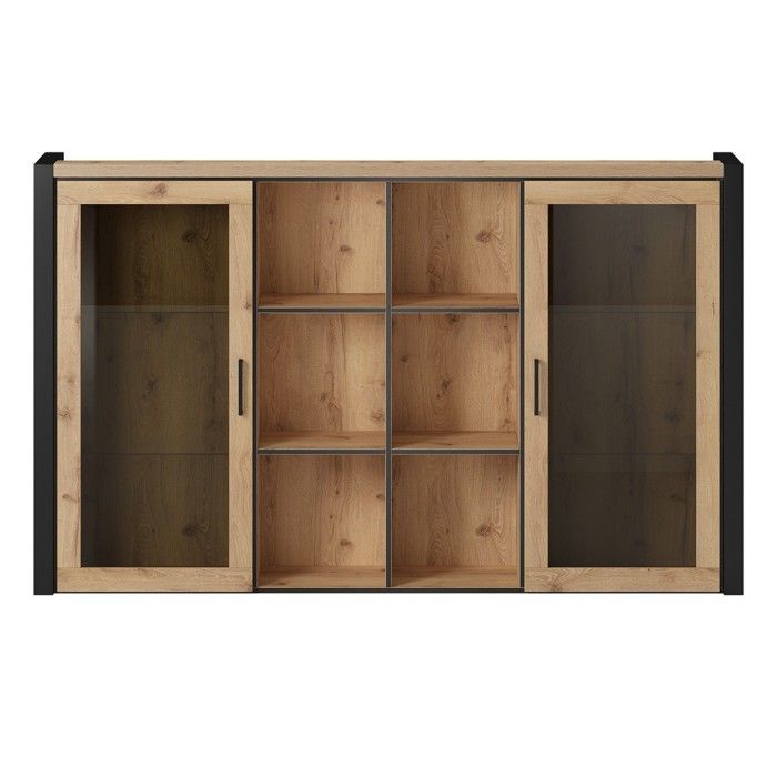 Huche avec éclairage LED collection BOWIE. 2 portes et 6 niches centrales. Couleur chêne et noir.