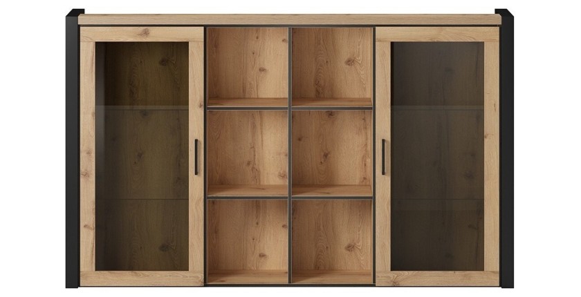 Huche avec éclairage LED collection BOWIE. 2 portes et 6 niches centrales. Couleur chêne et noir.