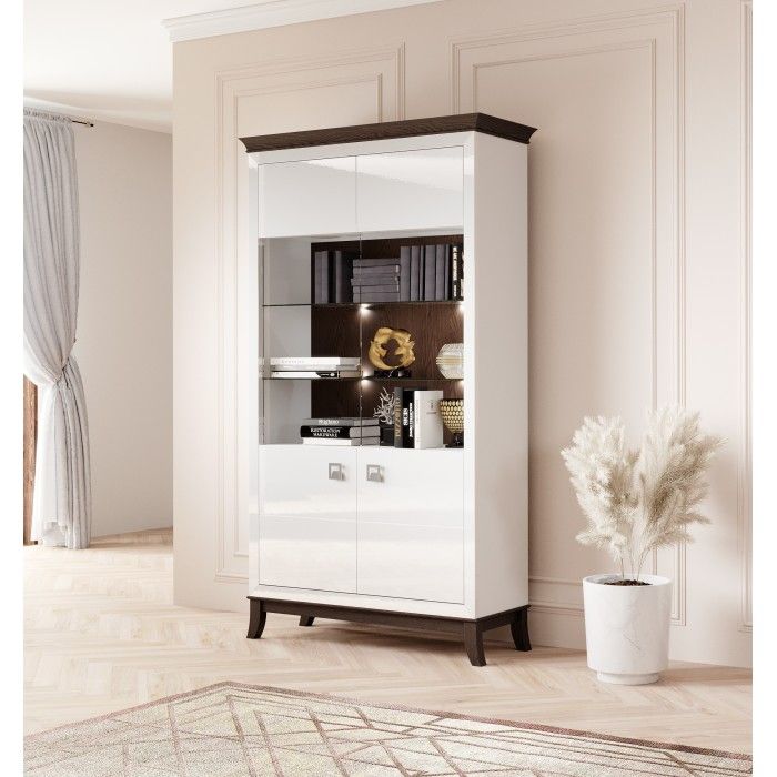 Vitrine  design 2 portes collection PALACE. Coloris blanc et chêne foncé