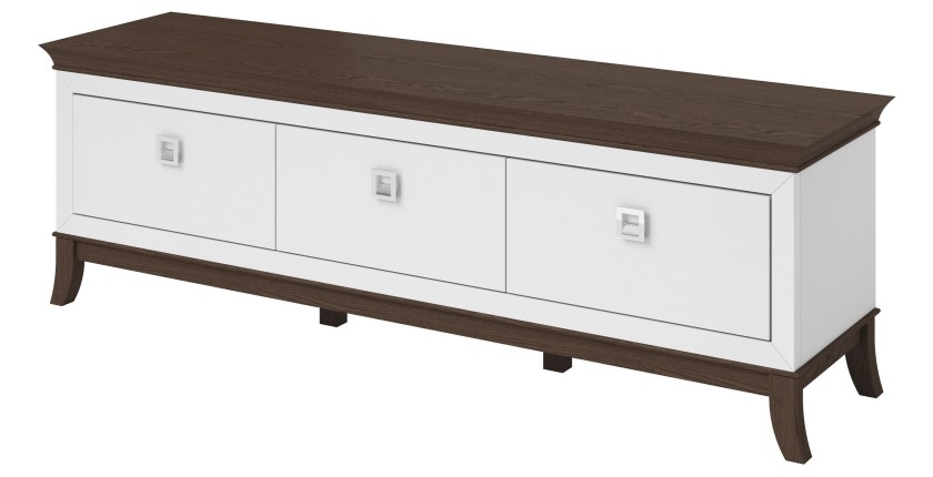 Meuble TV 160cm collection PALACE 3 tiroirs. Couleur blanc et chêne.