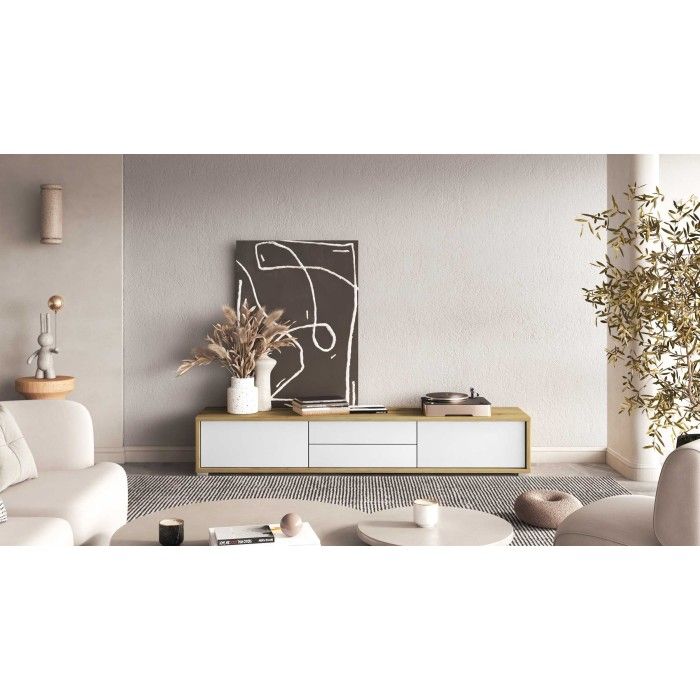 Meuble TV 180cm collection MAANUM. Couleur chêne clair et blanc.