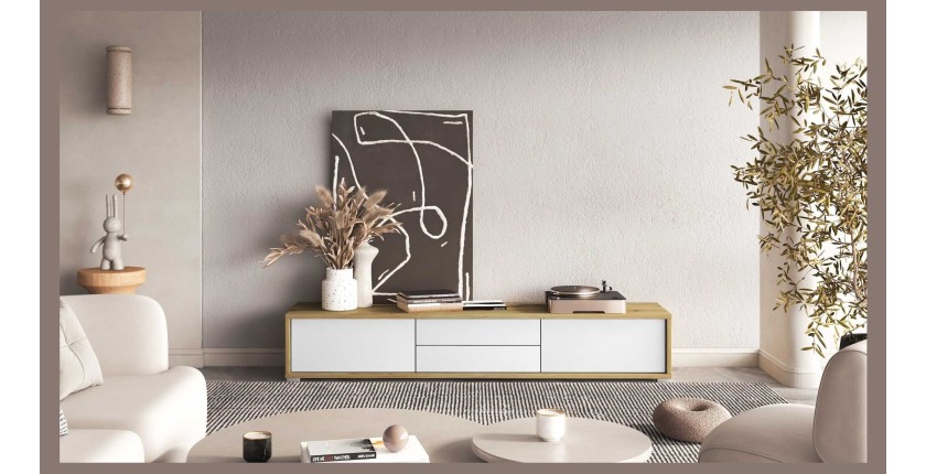 Meuble TV 180cm collection MAANUM. Couleur chêne clair et blanc.