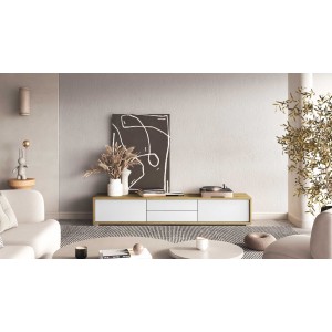 Meuble TV 180cm collection MAANUM. Couleur chêne clair et blanc.
