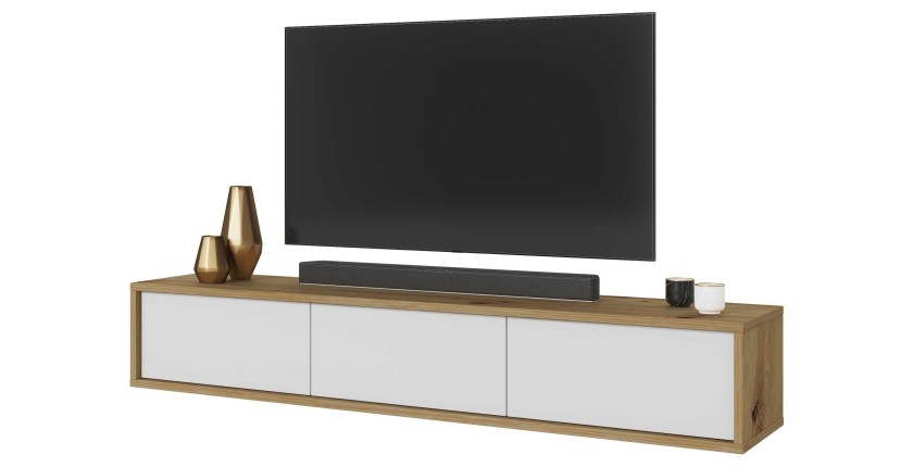 Meuble TV 180cm collection MAANUM. Couleur chêne clair et blanc.