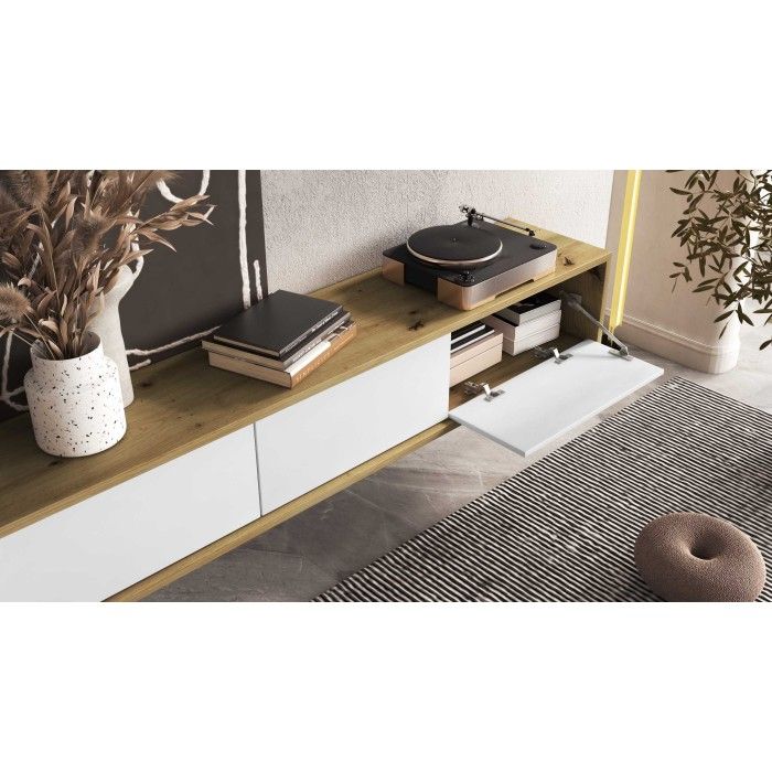 Meuble TV 180cm collection MAANUM. Couleur chêne clair et blanc.
