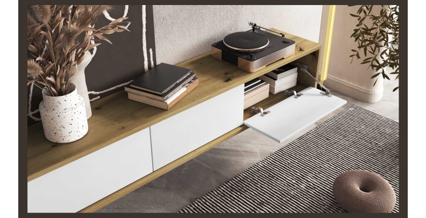 Meuble TV 180cm collection MAANUM. Couleur chêne clair et blanc.