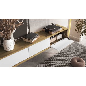 Meuble TV 180cm collection MAANUM. Couleur chêne clair et blanc.