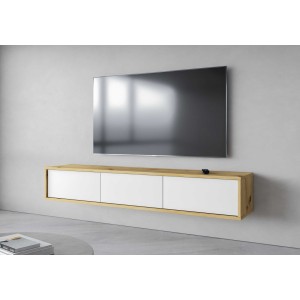 Meuble TV 180cm collection MAANUM. Couleur chêne clair et blanc.