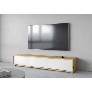 Meuble TV 180cm collection MAANUM. Couleur chêne clair et blanc.