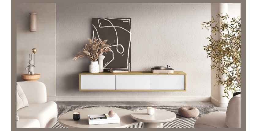 Meuble TV 180cm collection MAANUM. Couleur chêne clair et blanc.