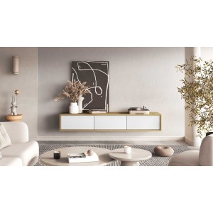 Meuble TV 180cm collection MAANUM. Couleur chêne clair et blanc.