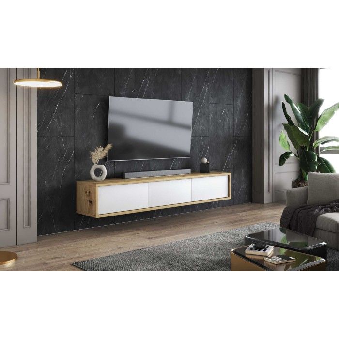 Meuble TV 180cm collection MAANUM. Couleur chêne clair et blanc.
