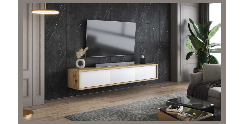 Meuble TV 180cm collection MAANUM. Couleur chêne clair et blanc.