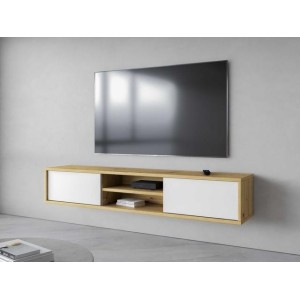 Meuble TV 180cm, 2 portes et 2 niches collection MAANUM. Couleur chêne clair et blanc.
