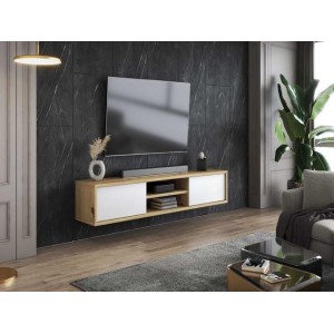 Meuble TV 180cm, 2 portes et 2 niches collection MAANUM. Couleur chêne clair et blanc.