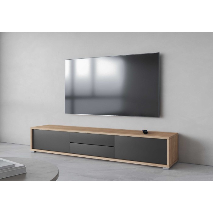 Meuble TV 180cm, 2 tiroirs et 2 portes collection MAANUM. Couleur chêne clair et gris.