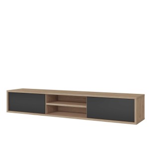 Meuble TV 180cm, 2 portes et 2 niches collection MAANUM. Couleur chêne clair et gris.