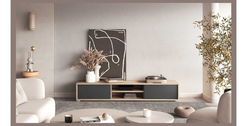 Meuble TV 180cm, 2 portes et 2 niches collection MAANUM. Couleur chêne clair et gris.