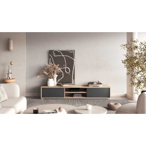 Meuble TV 180cm, 2 portes et 2 niches collection MAANUM. Couleur chêne clair et gris.