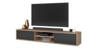 Meuble TV 180cm, 2 portes et 2 niches collection MAANUM. Couleur chêne clair et gris.