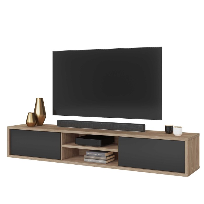 Meuble TV 180cm, 2 portes et 2 niches collection MAANUM. Couleur chêne clair et gris.
